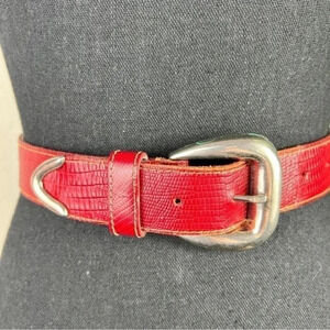 Red Leather Women’s Lizard Embossed Belt Brushed Silver Tone Buckle Small